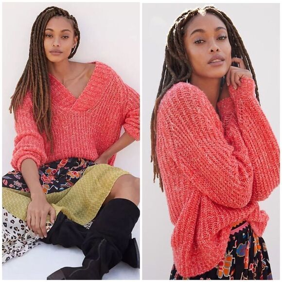 Anthropologie Womens Honore Wool Blend Ribbed V-Neck Sweater Size S red pink - Picture 4 of 16